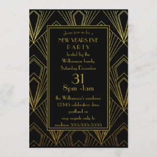 Invitation Soirée du Nouvel An Noir et Or Art Déco