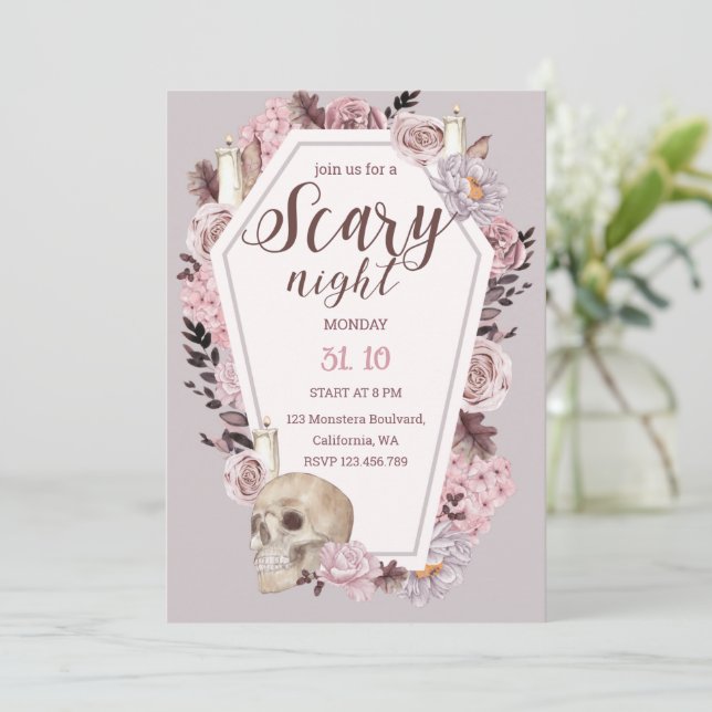 Invitation Soirée effrayant Crâne floral Halloween Party (Debout devant)