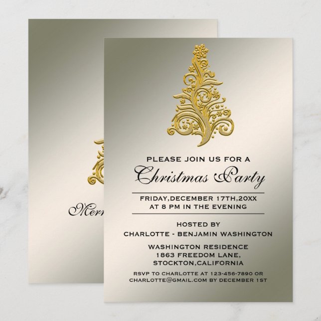 Invitation Soirée élégante Argent et Arbre de Noël Or (Devant / Derrière)