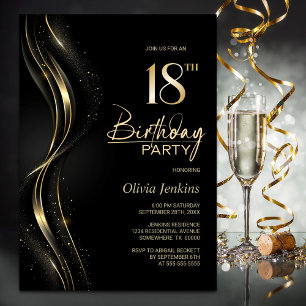 Invitation Soirée élégante Black and Gold 18e anniversaire