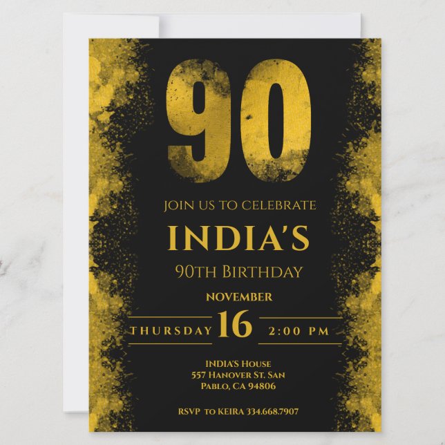 Invitation Soirée Elégante Black And Gold 90th Birthday Party (Devant)