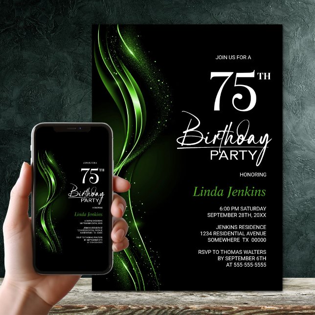 Invitation Soirée élégante Black and Green 75e anniversaire (Créateur téléchargé)