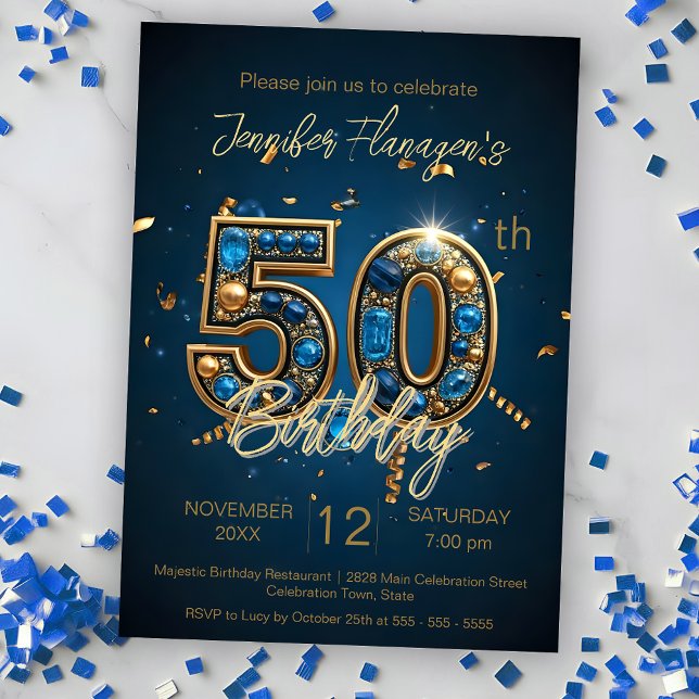 Invitation Soirée élégante Bleu et Or 50ème anniversaire (Créateur téléchargé)