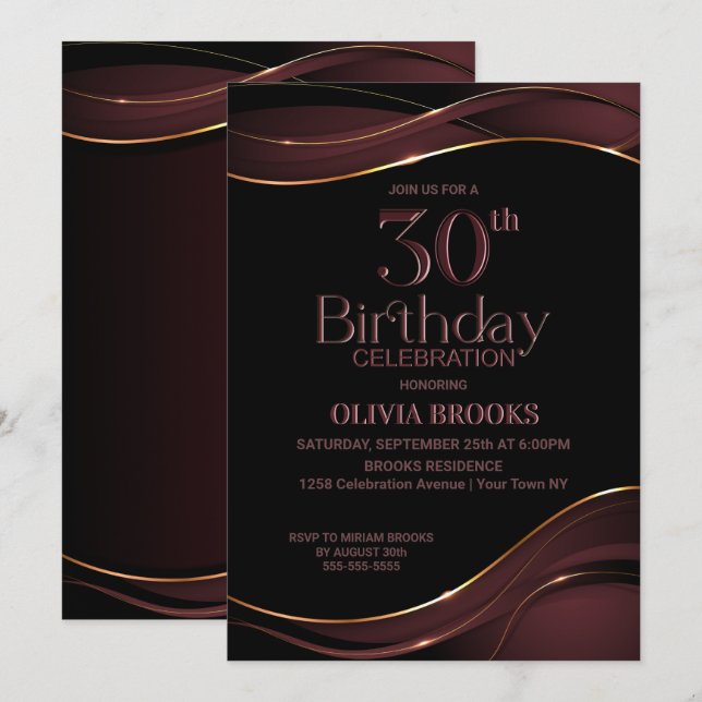 Invitation Soirée élégante de 30e anniversaire Noir et Rose (Devant / Derrière)