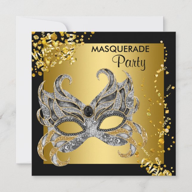 Invitation Soirée élégante en argent et mascarade en or (Devant)
