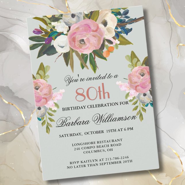 Invitation Soirée élégante peinte à la main florale 80e anniv (Créateur téléchargé)