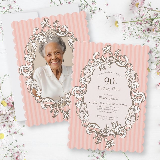 Invitation Soirée élégante rose 90e anniversaire (Elegant Pink 90th Birthday Party Invitation)