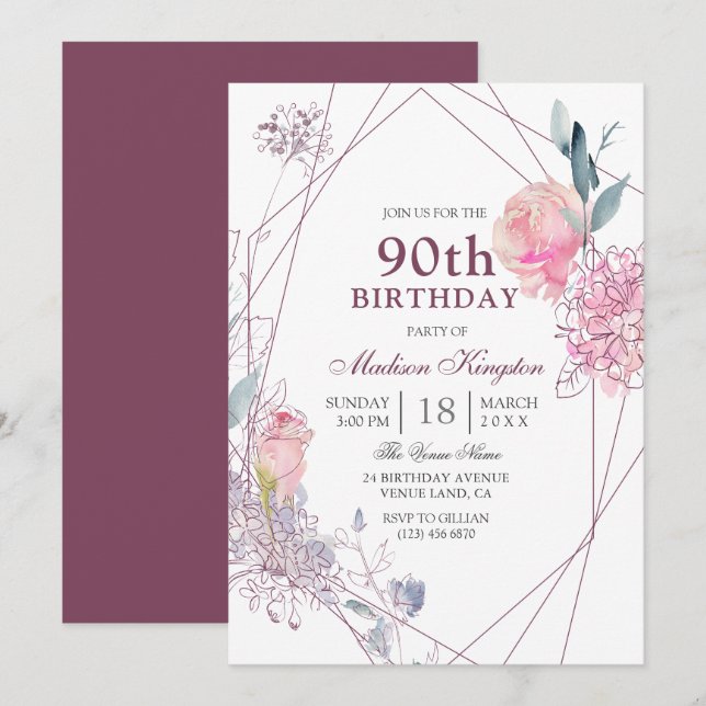 Invitation Soirée Elégante Rose Géométrique 90e anniversaire (Devant / Derrière)