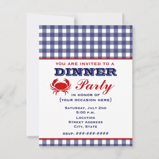 Invitation Soirée en bleu Gingham & Crabe (Devant)