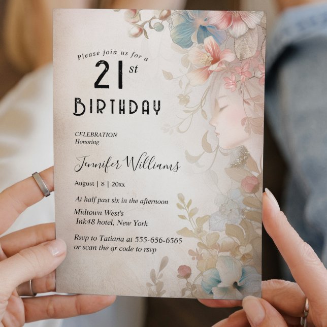 Invitation Soirée florale élégante de 21e anniversaire (Créateur téléchargé)