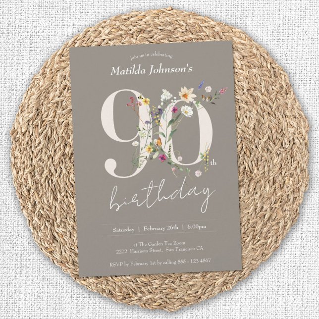 Invitation Soirée florale fleur sauvage 90e anniversaire (90th Birthday Wildflowers Elegant Floral Invitation)
