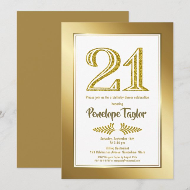 Invitation Soirée Gold 21st Birthday (Devant / Derrière)