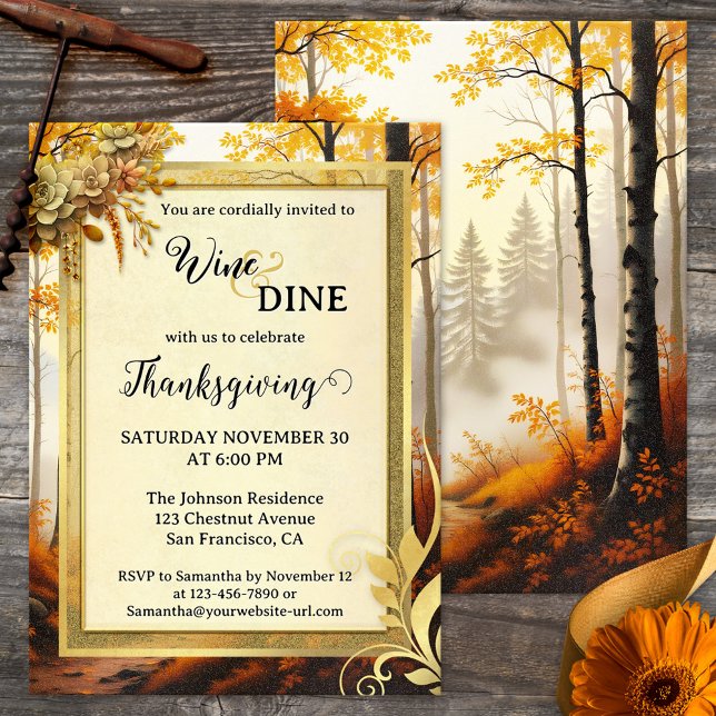 Invitation Soirée Gold Thanksgiving Elégante (Thanksgiving dinner party invitation featuring a gold stylized design with leaves and forest path)