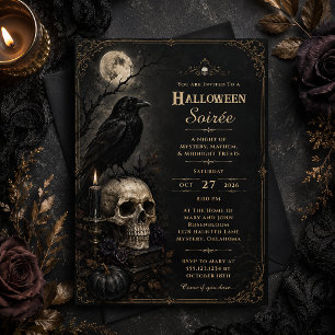 Invitation Soirée Halloween Élégant Gothique Crâne de Corbeau