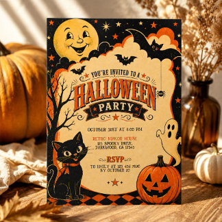 Invitation Soirée Halloween Rétro Élégant Orange Noir