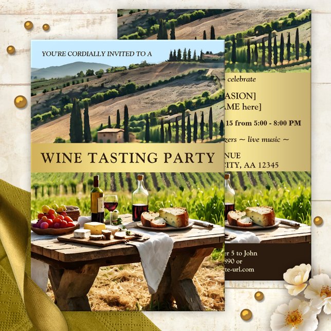 Invitation Soirée italienne de dégustation de vin en plein ai (Italian style outdoors wine tasting party invitation featuring a Tuscan landscape with red wine)