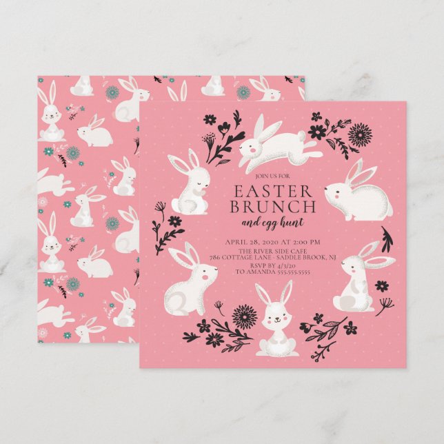 Invitation Soirée lapin adorable et chasse aux oeufs Brunch d (Devant / Derrière)