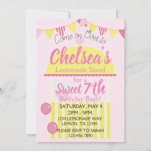 Invitation Soirée Lemonade Rose Stand Birthday Party pour fil (Devant)