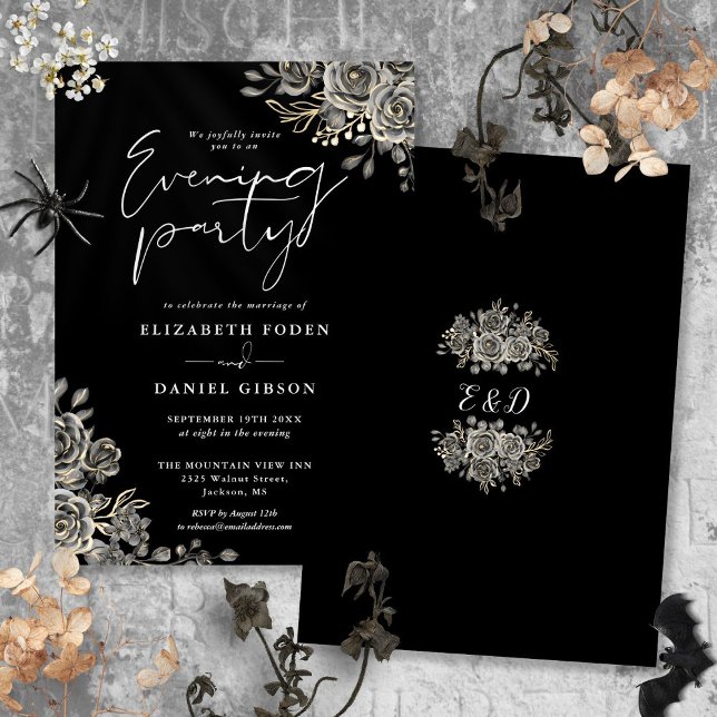 Invitation Soirée Mariage Florale Gothique Noir Et Blanc (Black And White Goth Floral Wedding Evening Party Invitation)