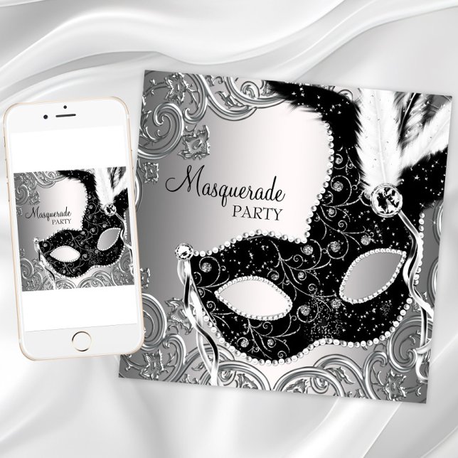 Invitation Soirée Mascarade Mascarade Masque Black Argent (Pretty masquerade party invitation for any occasion. Download and printed invitations available.)