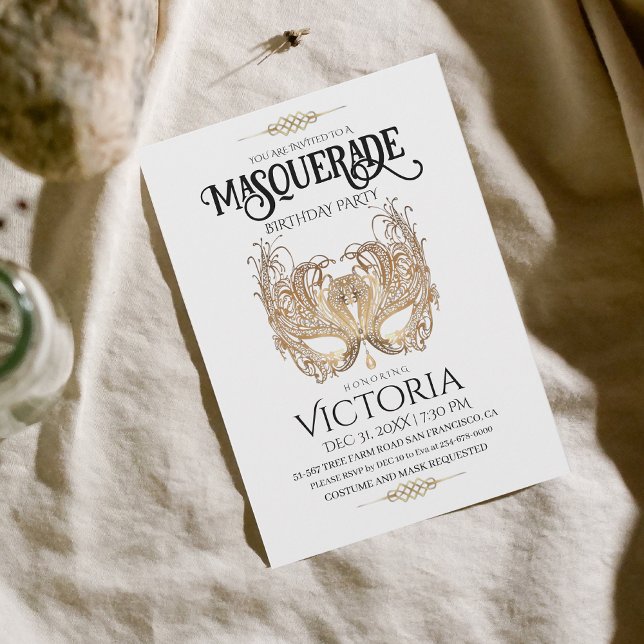 Invitation Soirée mascarade or Elégante Anniversaire (Créateur téléchargé)