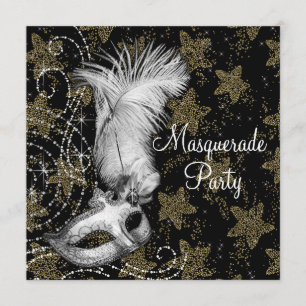 Invitation Soirée Masquée Élégante Blanche et Or Noir