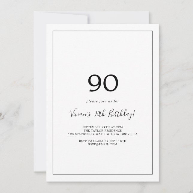 Invitation Soirée minimaliste de 90e anniversaire (Devant)