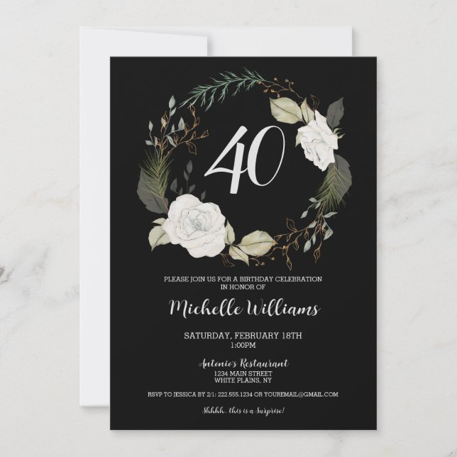 Invitation Soirée moderne 40e anniversaire Floral Wreath Gold (Devant)