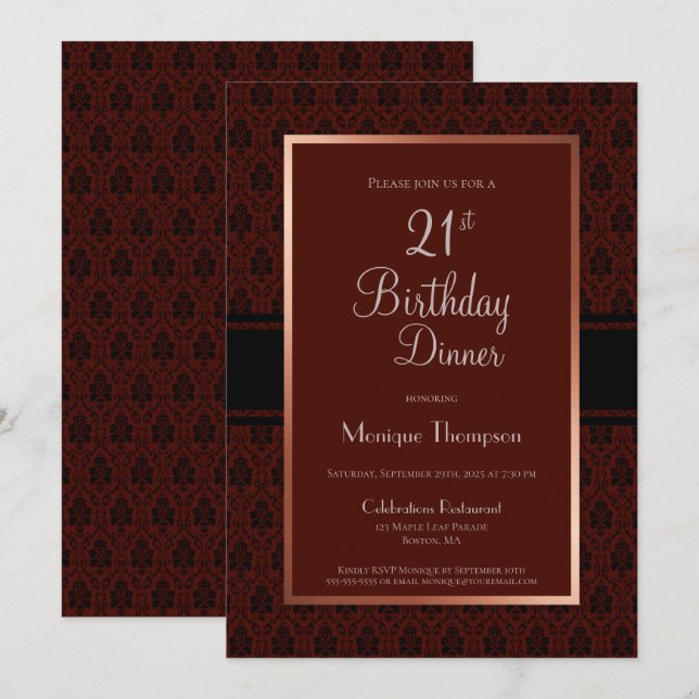Invitation Soirée moderne Burgundy Damask 21e anniversaire (Devant / Derrière)
