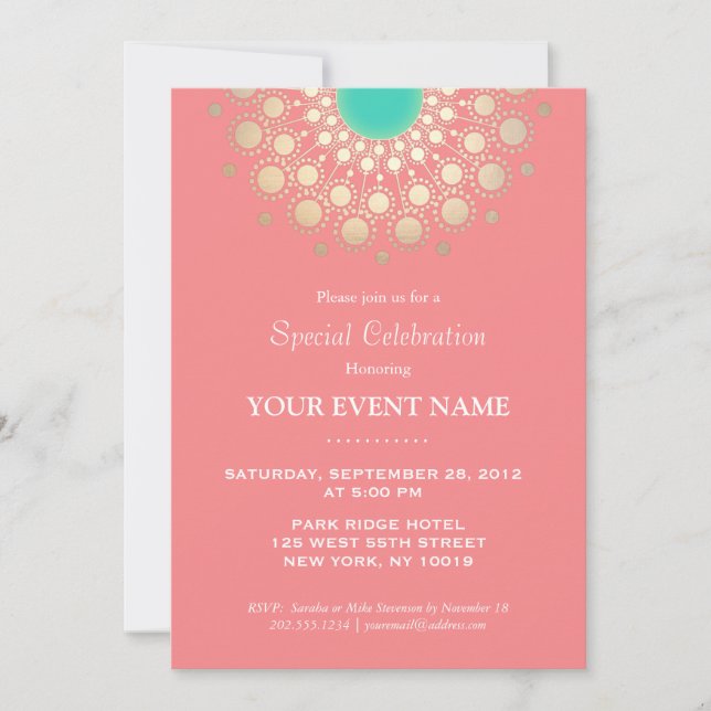 Invitation Soirée Motif en Corail Rose et Gold Circle (Devant)