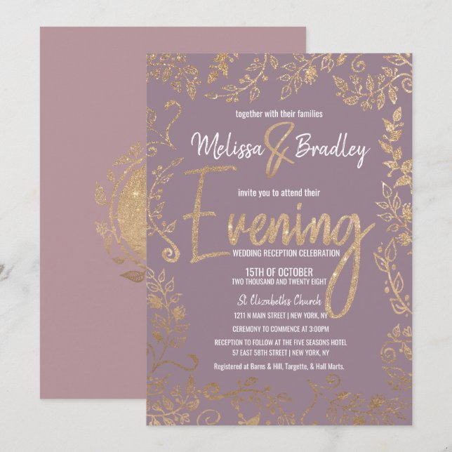Invitation Soirée Ombre Mauve Lilac, Parties scintillant Flor (Devant / Derrière)