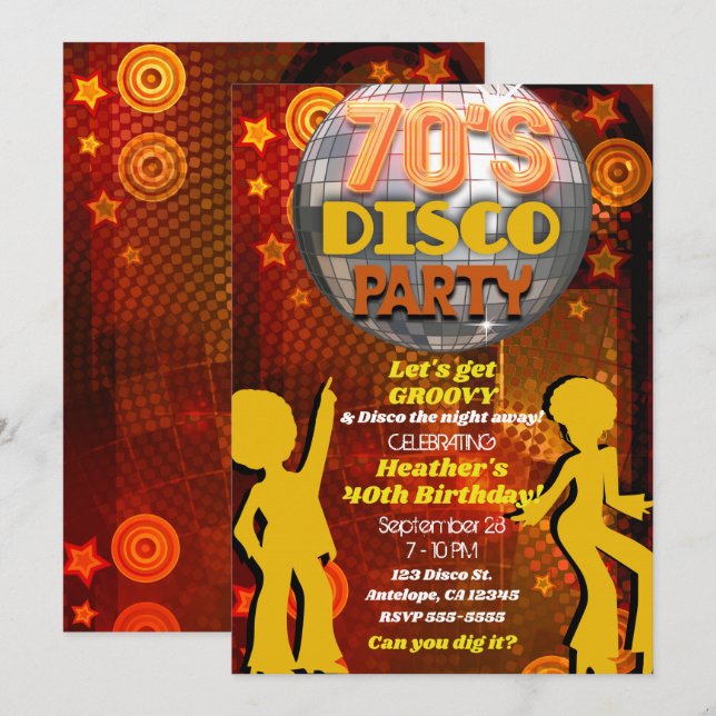 Invitation Soirée Orange Disco Dance des années 70 (Devant / Derrière)