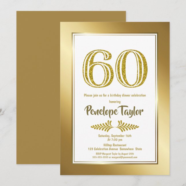 Invitation Soirée parties scintillant et Gold 60e anniversair (Devant / Derrière)