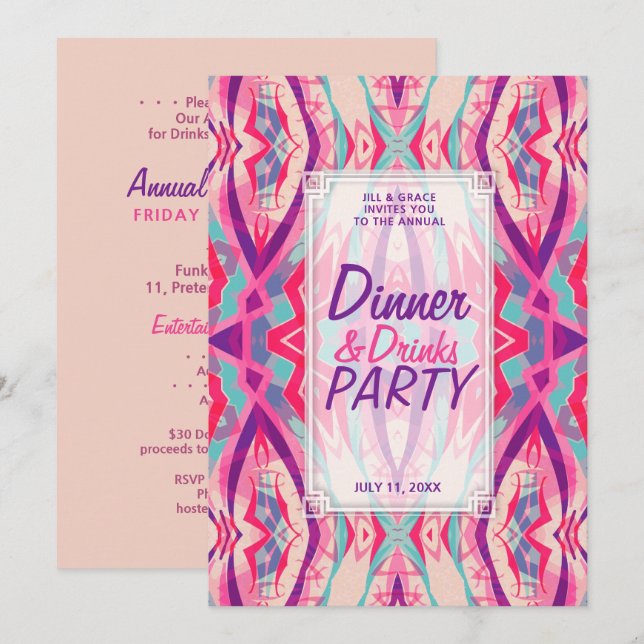 Invitation Soirée Pink Aqua Boho Chic Dîner Fête Des Boissons (Devant / Derrière)