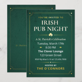 Invitation Soirée Pub Irlandais Or & Vert Vintage St Patrick