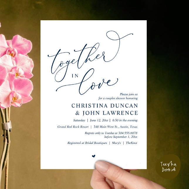 Invitation Soirée Romantique Couples Douche, Ensemble Dans L' (Together in Love, Romantic Couples Shower Party Invitation Card PDF modern minimalist Navy Blue)