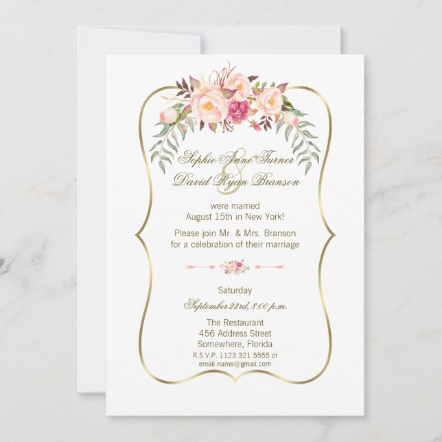 Invitation Soirée romantique Mariage rose rose or (Devant)