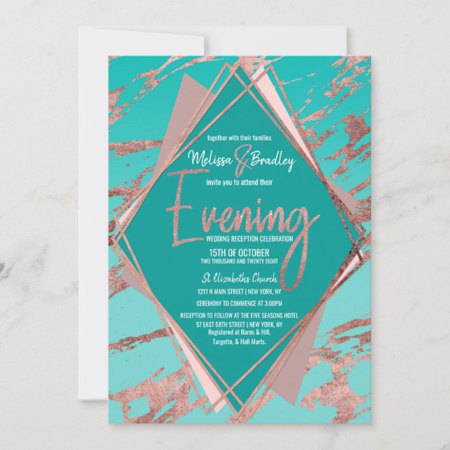 Invitation Soirée Rose Gold Turquoise Green Marble Diamond (Devant)