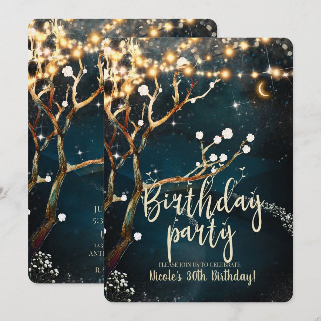 Invitation Soirée Rustique Lumières Arbre étoile fête d'anniv (Devant / Derrière)