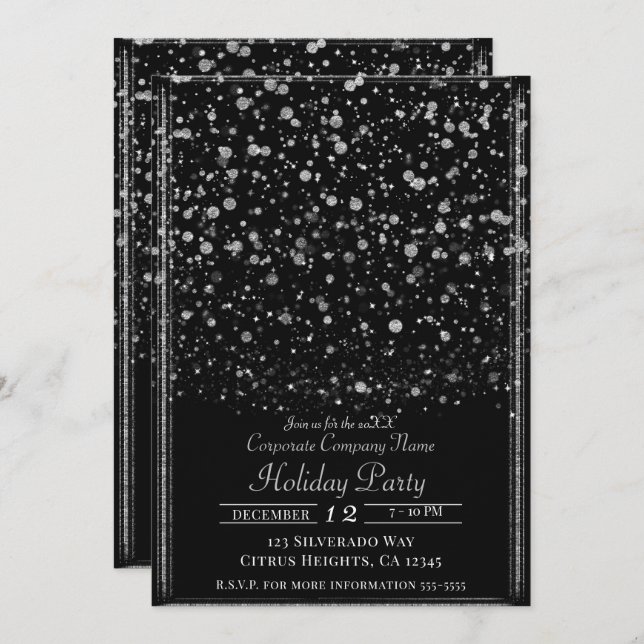 Invitation Soirée Silver & Black Confetti Splatti (Devant / Derrière)