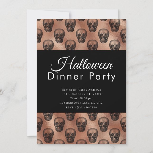 Invitation Soirée Skuls Rose Gold Halloween Diner (Devant)