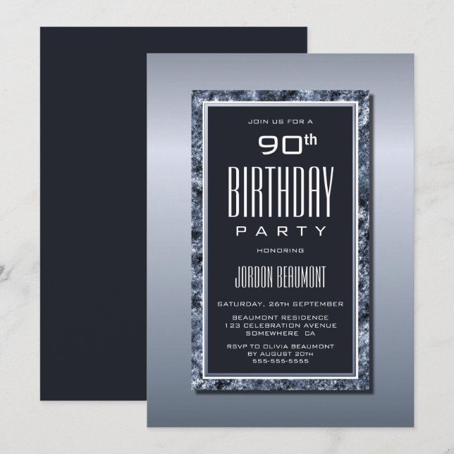 Invitation Soirée sophistiquée et gris 90e anniversaire (Devant / Derrière)