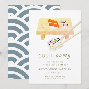 Invitation Soirée sushi Moderne Blanc & Bleu Anniversaire
