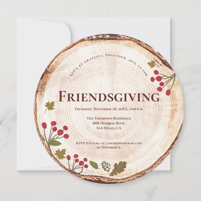 Invitation Soirée Thanksgiving Friendsgiving Dîner Bois rusti (Devant)