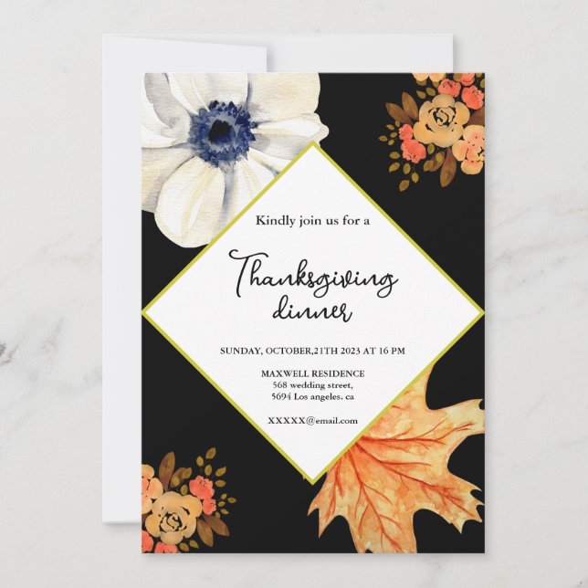 Invitation Soirée Thanksgiving Soirée Élégante Automne Floral (Devant)