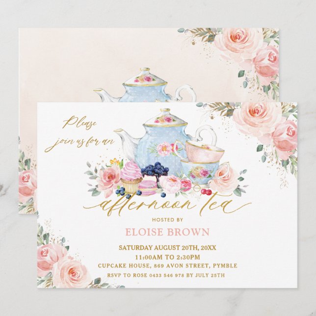 Invitation Soirée thé à la florale rose-bleu élégant (Devant / Derrière)