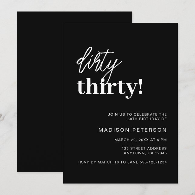 Invitation Soirée Trente Simple Noir & Blanc Anniversaire (Devant / Derrière)