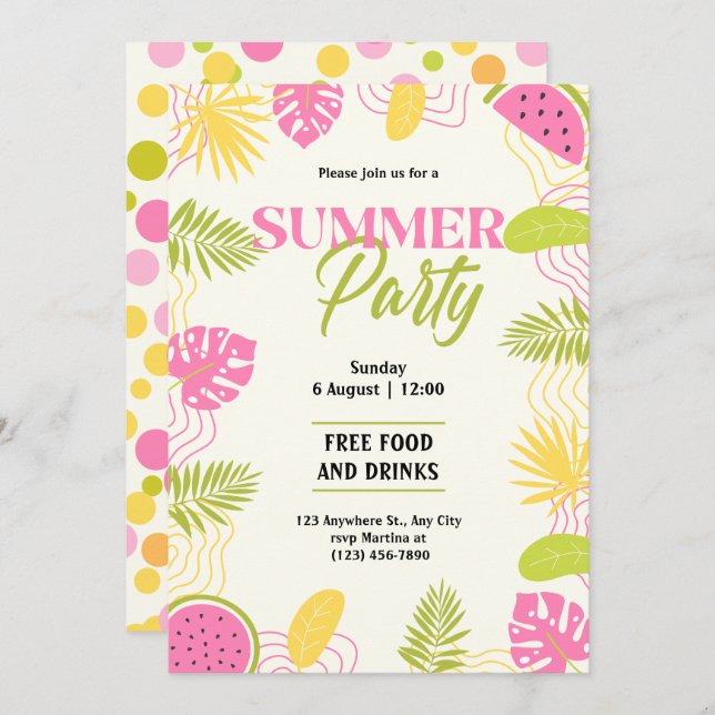 Invitation Soirée Tropicale Vert Et Rose (Devant / Derrière)