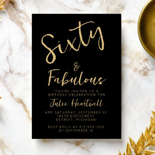 Invitation Soixante ans et fabuleux texte doré pour fête d'an