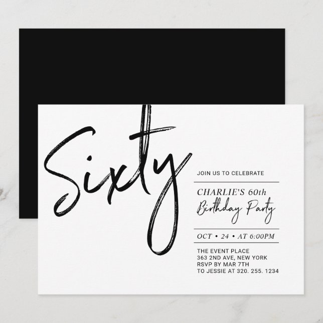 Invitation Soixante | Black & White Modern 60th Birthday Part (Devant / Derrière)